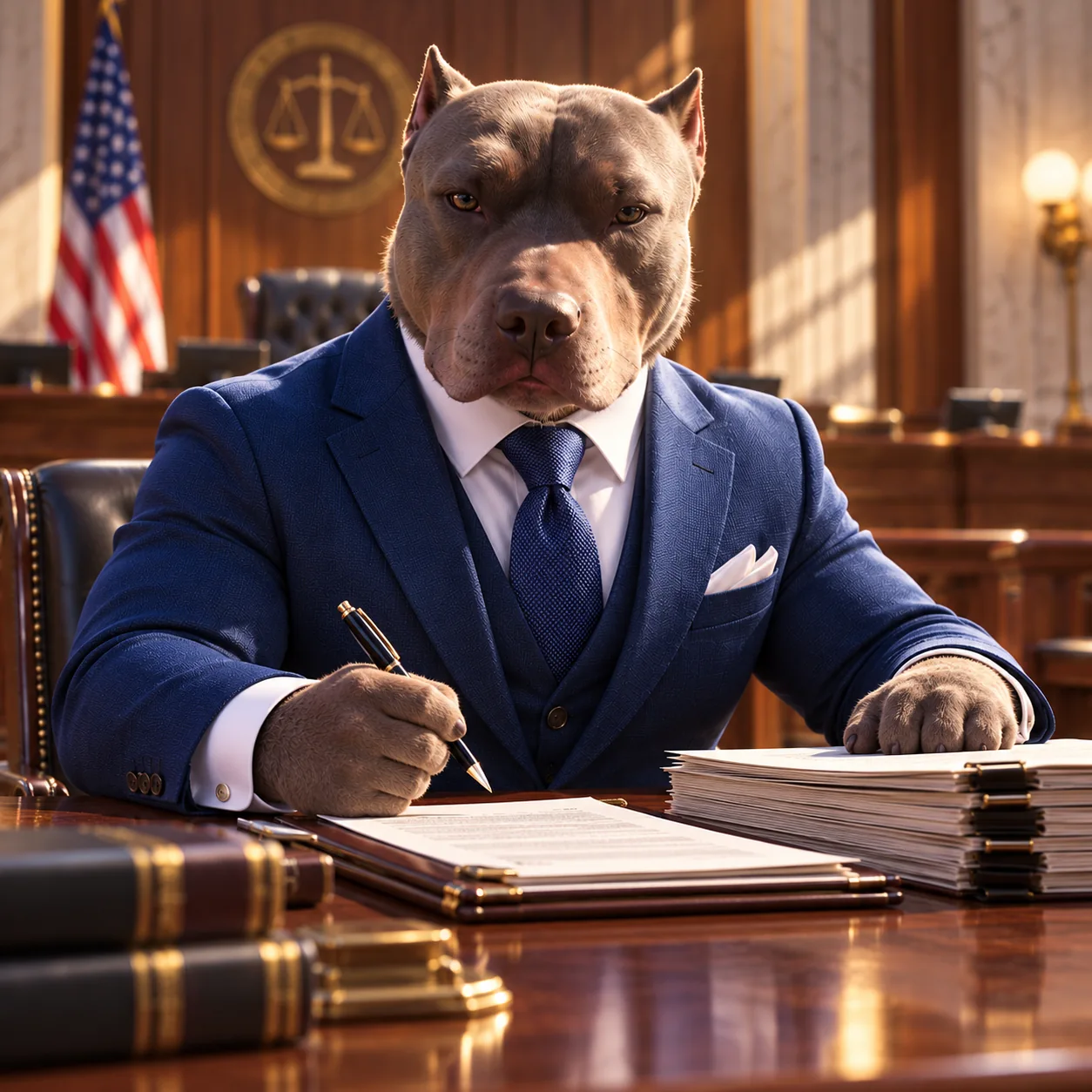Lawyer Dog reviewing court papers