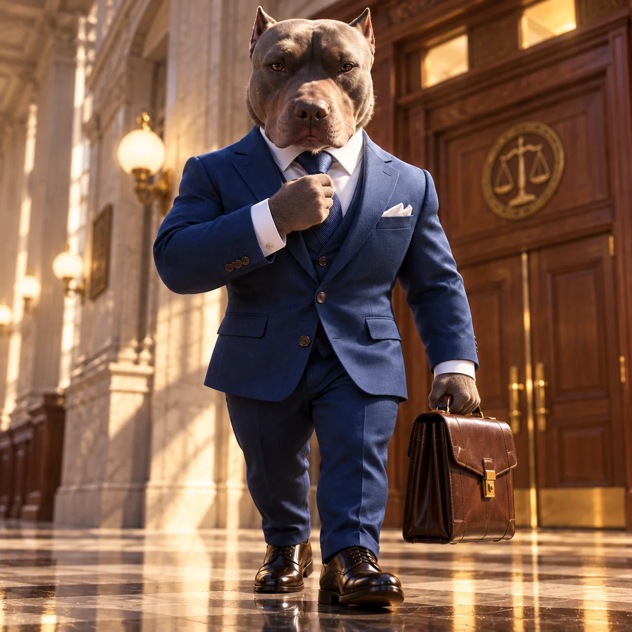 Official Lawyer Dog in a navy blue suit