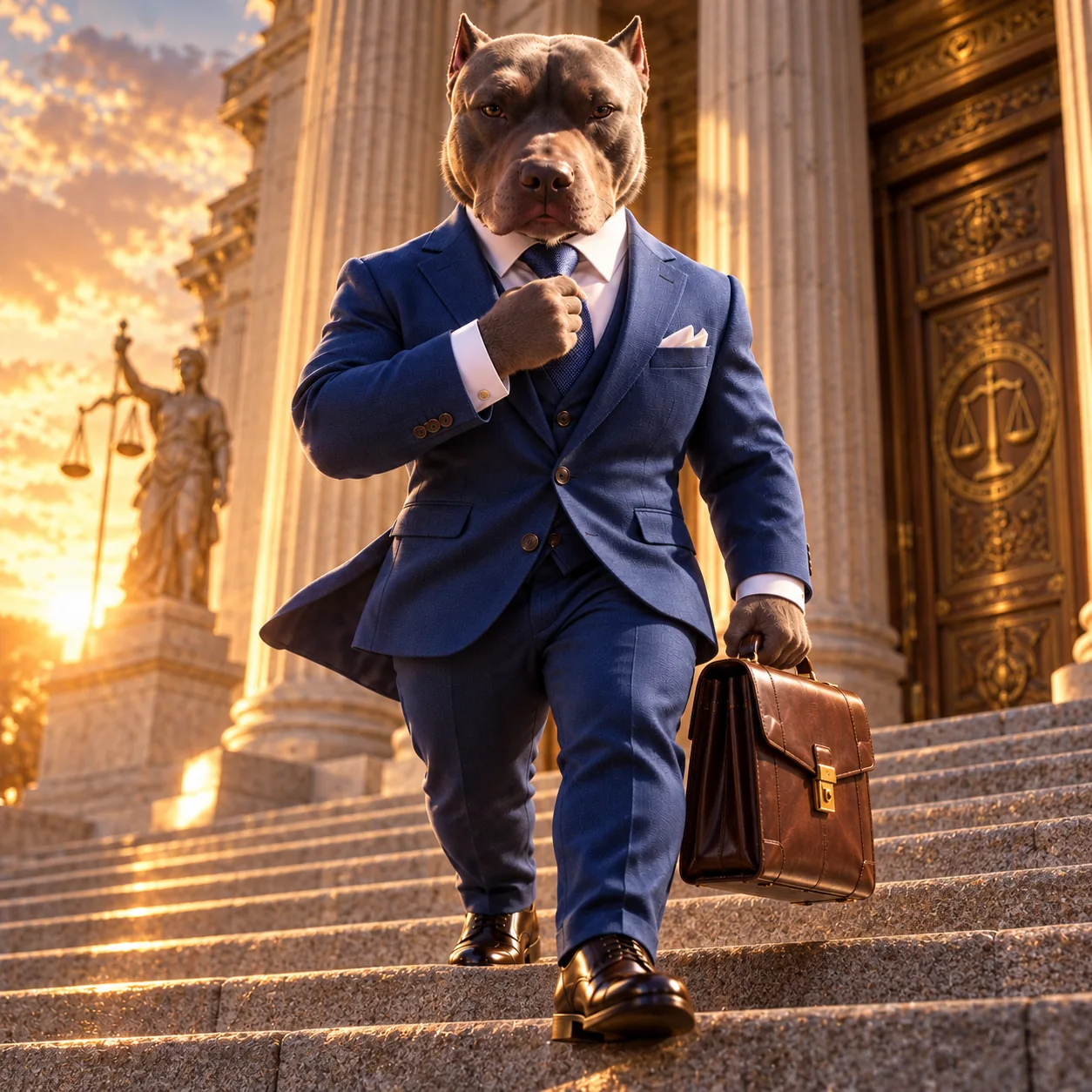 Lawyer Dog leaving the courthouse
